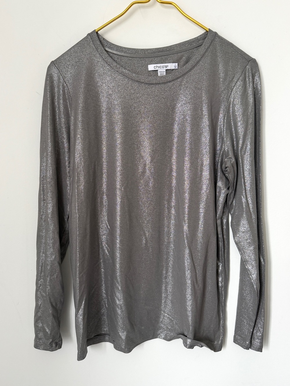 Chico’s Touch Of Cool Silver Foil Metallic Long Sleeve T-Shirt Sz 1 (US Medium)